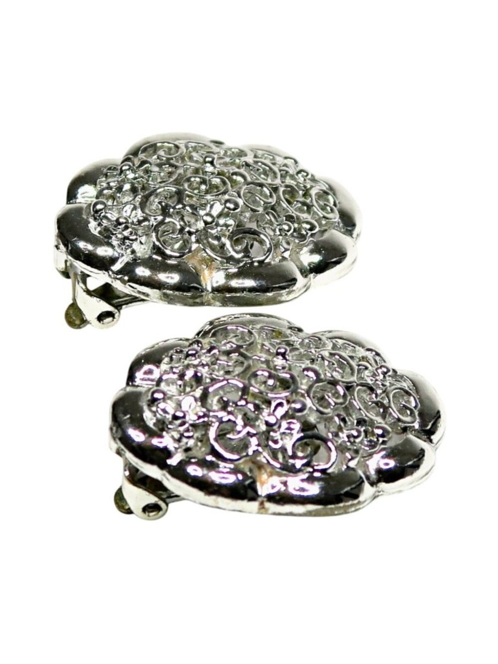 Filigree Silver-Tone Clip-On Earrings Vintage Mid-Century Statement Jewelry - Picture 2 of 5